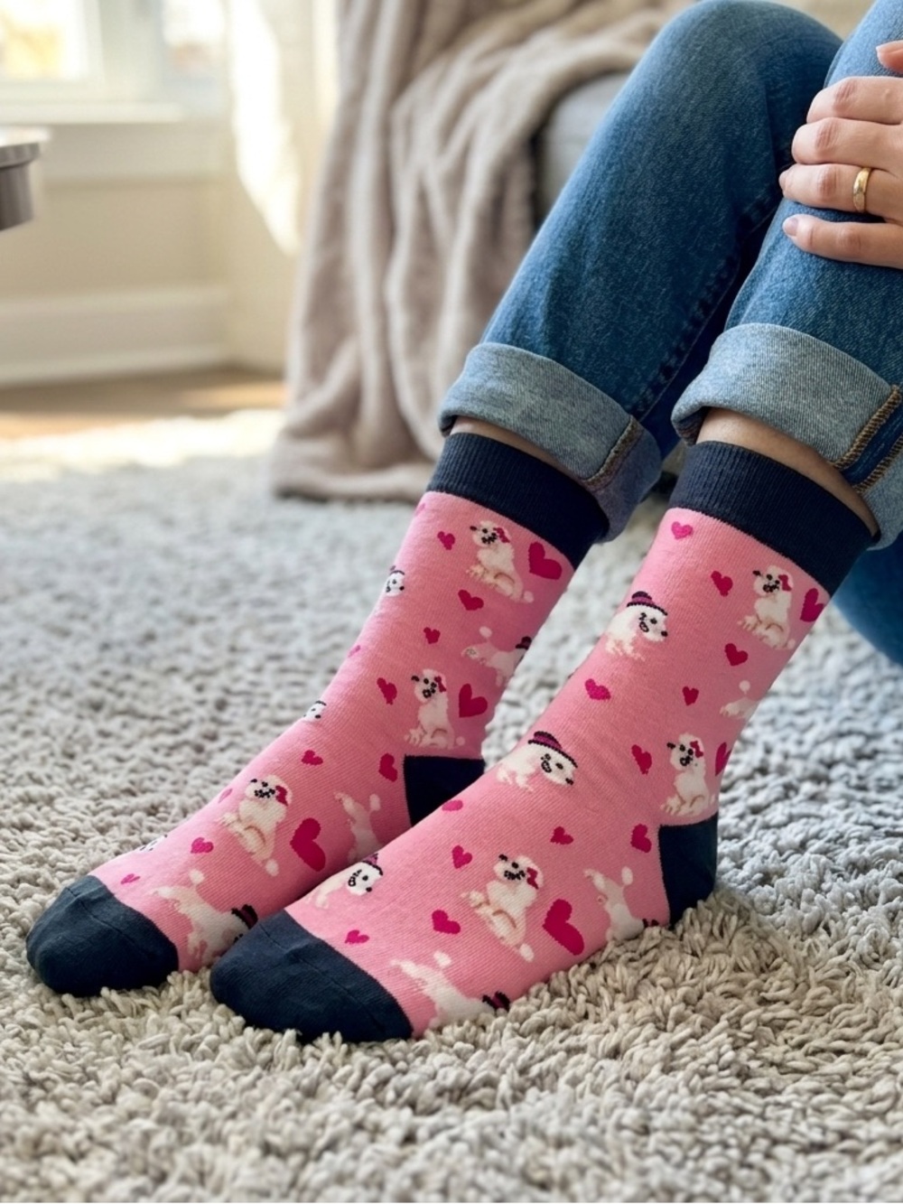 NWOT Puppy Love Pattern Crew Socks – Adorable Pink Poodle & Heart Crew Socks